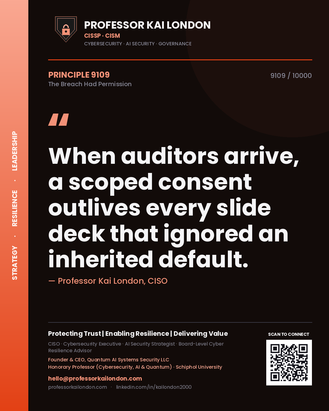 Professor Kai London principle 9109: When auditors arrive, a scoped consent outlives every slide deck that ignored an inherited default.