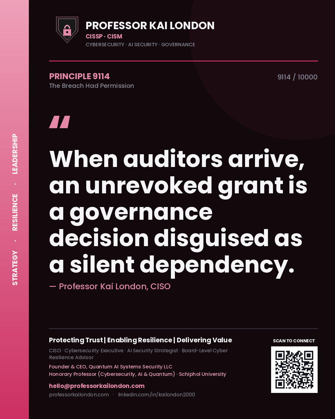Quote card by Professor Kai London reading 'When auditors arrive, an unrevoked grant is a governance decision disguised as a silent dependency.'. From the book The Breach Had Permission.