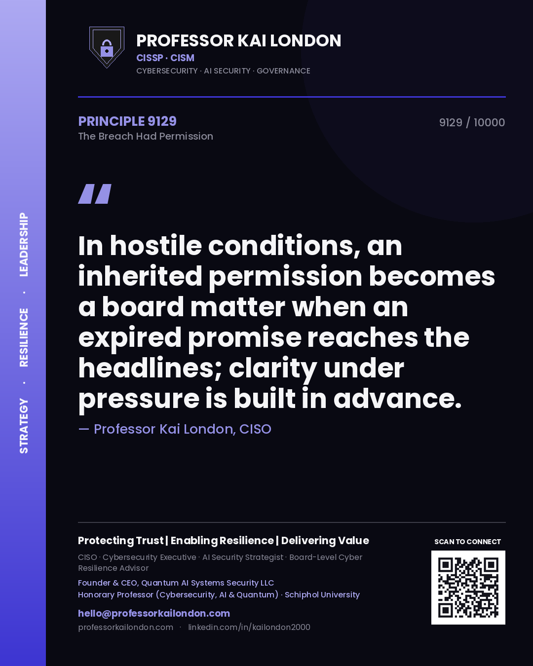 Quote card by Professor Kai London reading 'In hostile conditions, an inherited permission becomes a board matter when an expired promise reaches the headlines; clarity under pressure is built in advance.'. From the book The Breach Had Permission.