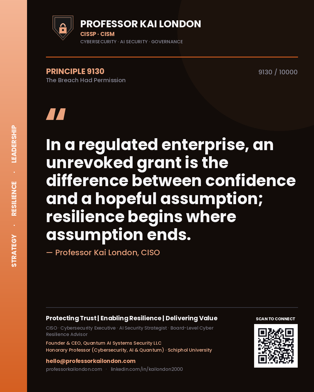 Quote card by Professor Kai London reading 'In a regulated enterprise, an unrevoked grant is the difference between confidence and a hopeful assumption; resilience begins where assumption ends.'. From the book The Breach Had Permission.