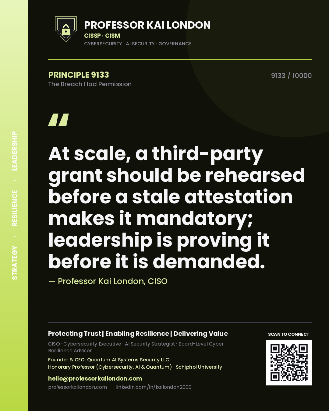 Professor Kai London principle 9133: At scale, a third-party grant should be rehearsed before a stale attestation makes it mandatory; leadership is proving it before it is demanded.