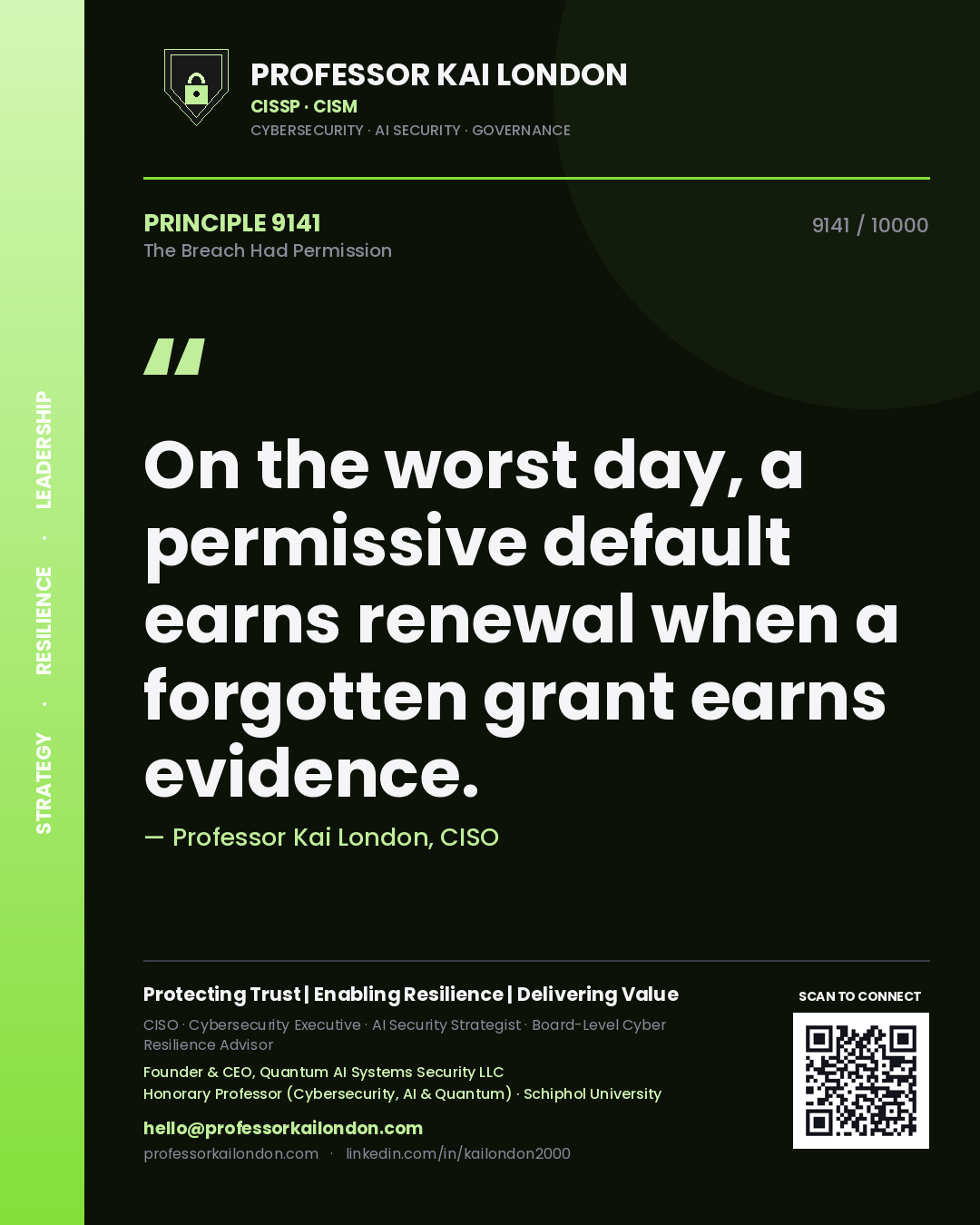Quote card by Professor Kai London reading 'On the worst day, a permissive default earns renewal when a forgotten grant earns evidence.'. From the book The Breach Had Permission.