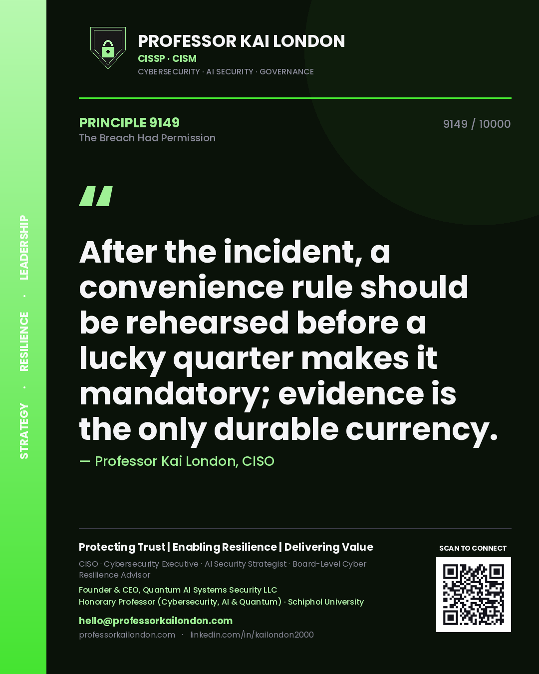 Professor Kai London principle 9149: After the incident, a convenience rule should be rehearsed before a lucky quarter makes it mandatory; evidence is the only durable currency.