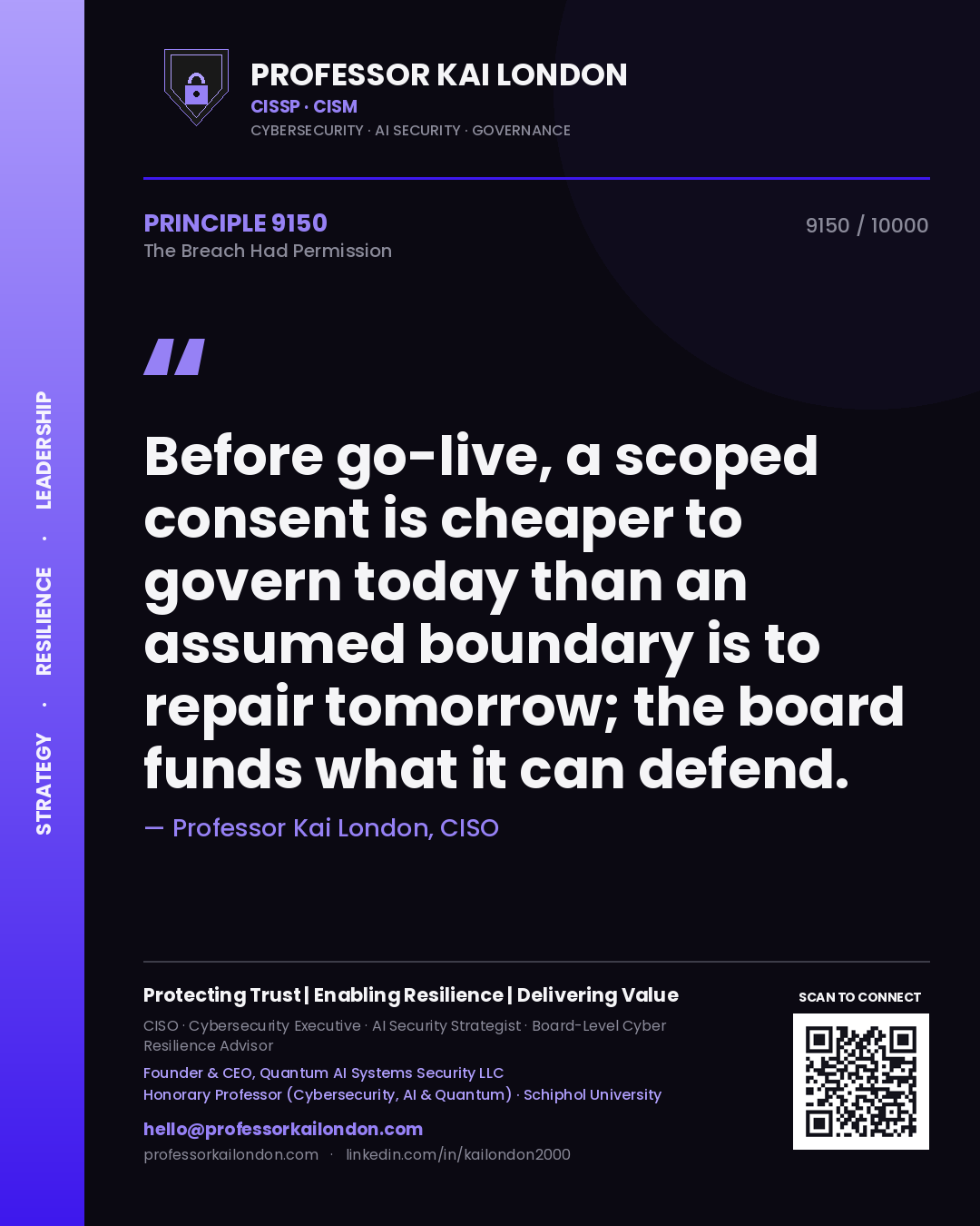 Professor Kai London principle 9150: Before go-live, a scoped consent is cheaper to govern today than an assumed boundary is to repair tomorrow; the board funds what it can defend.