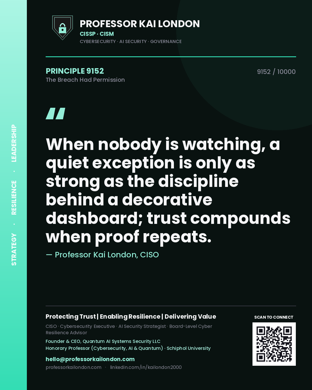 Quote card by Professor Kai London reading 'When nobody is watching, a quiet exception is only as strong as the discipline behind a decorative dashboard; trust compounds when proof repeats.'. From the book The Breach Had Permission.