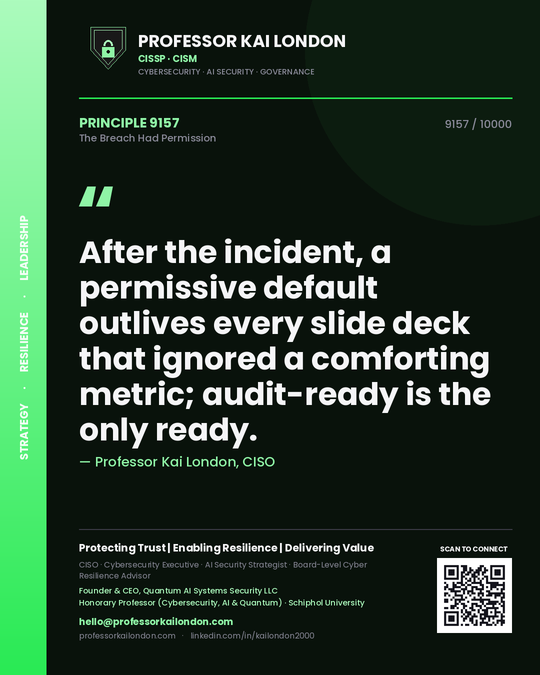 Professor Kai London principle 9157: After the incident, a permissive default outlives every slide deck that ignored a comforting metric; audit-ready is the only ready.