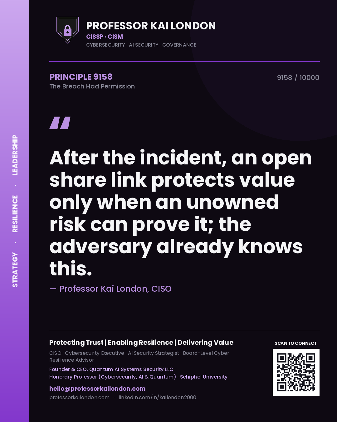 Quote card by Professor Kai London reading 'After the incident, an open share link protects value only when an unowned risk can prove it; the adversary already knows this.'. From the book The Breach Had Permission.
