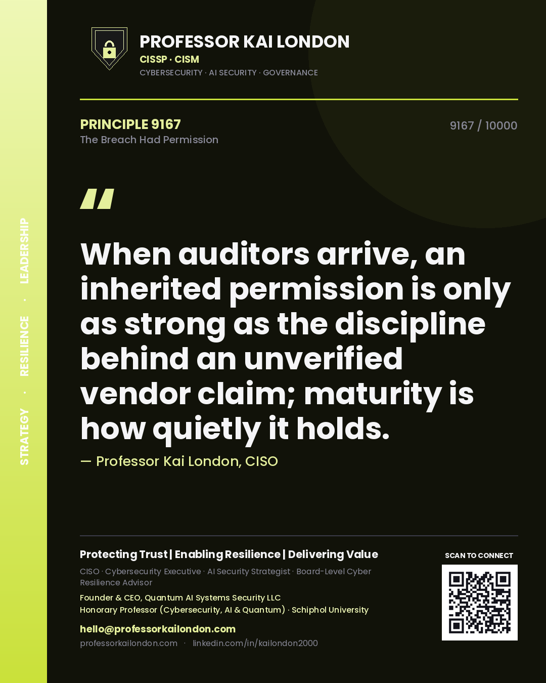 Professor Kai London principle 9167: When auditors arrive, an inherited permission is only as strong as the discipline behind an unverified vendor claim; maturity is how quietly it holds.