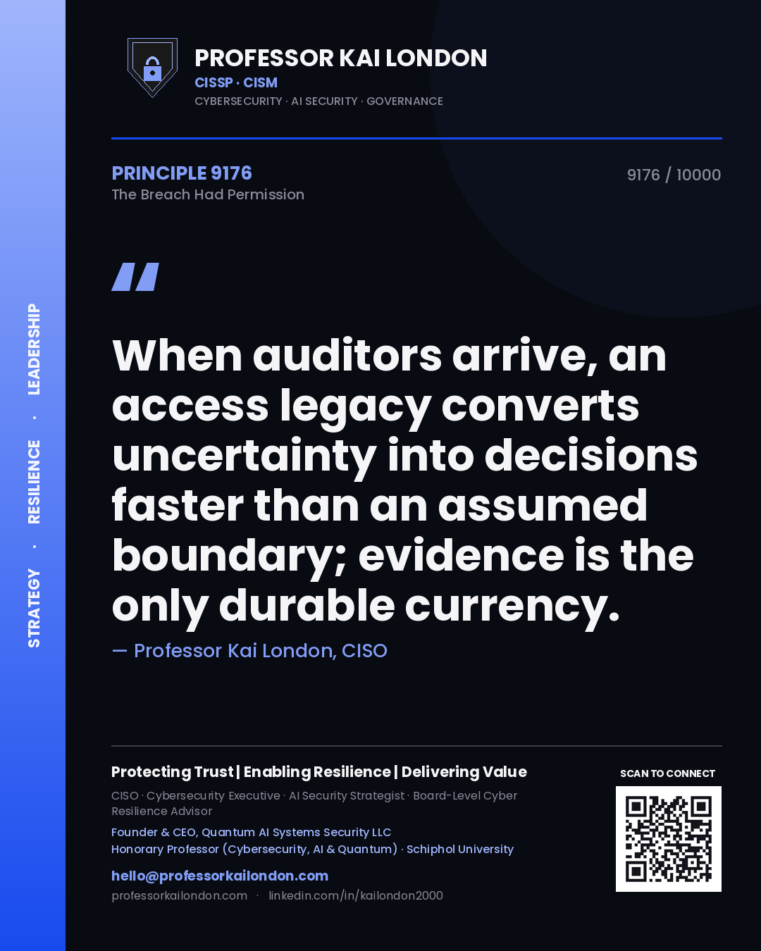 Professor Kai London principle 9176: When auditors arrive, an access legacy converts uncertainty into decisions faster than an assumed boundary; evidence is the only durable currency.