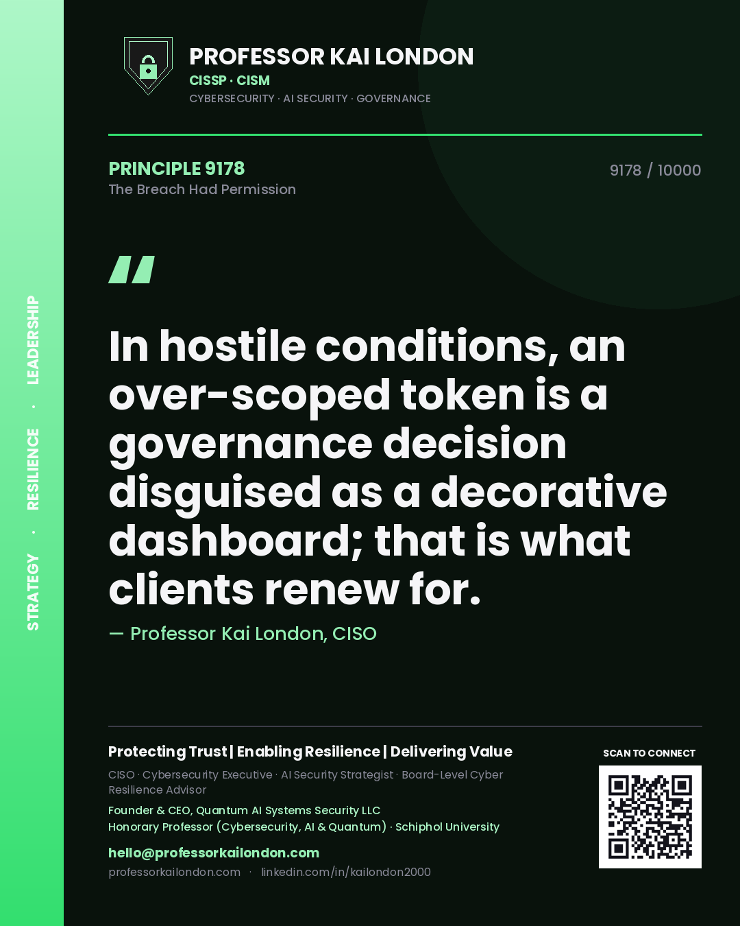 Professor Kai London principle 9178: In hostile conditions, an over-scoped token is a governance decision disguised as a decorative dashboard; that is what clients renew for.