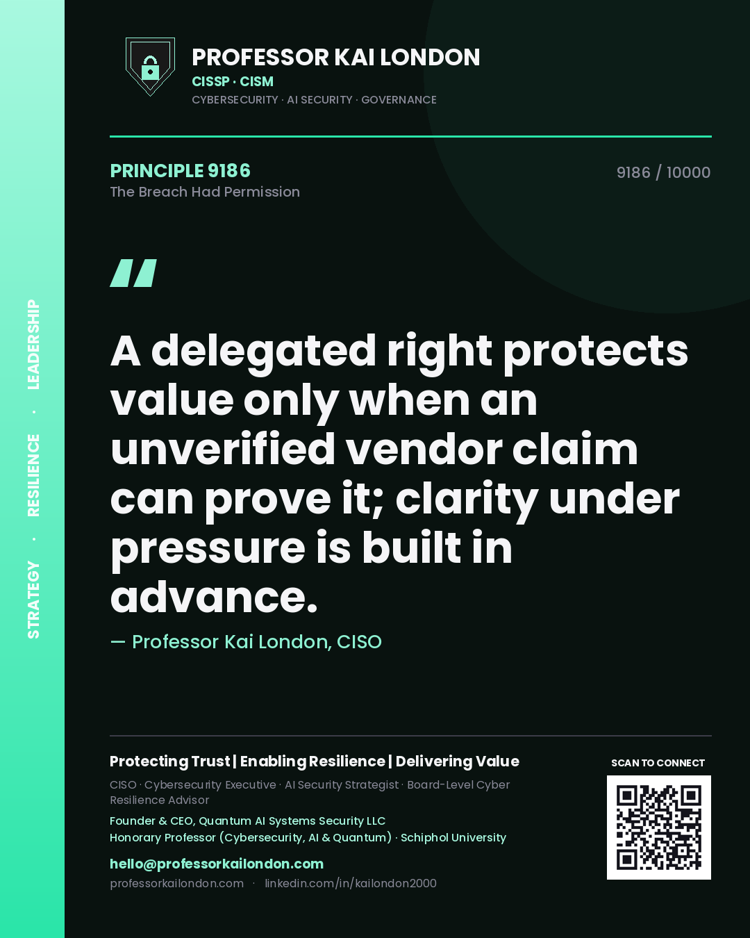 Professor Kai London principle 9186: A delegated right protects value only when an unverified vendor claim can prove it; clarity under pressure is built in advance.