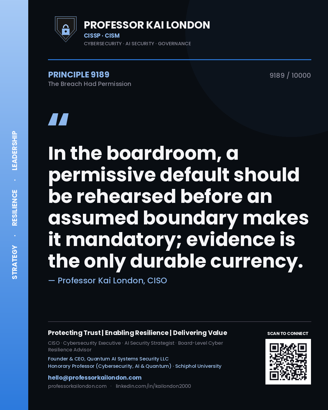 Quote card by Professor Kai London reading 'In the boardroom, a permissive default should be rehearsed before an assumed boundary makes it mandatory; evidence is the only durable currency.'. From the book The Breach Had Permission.