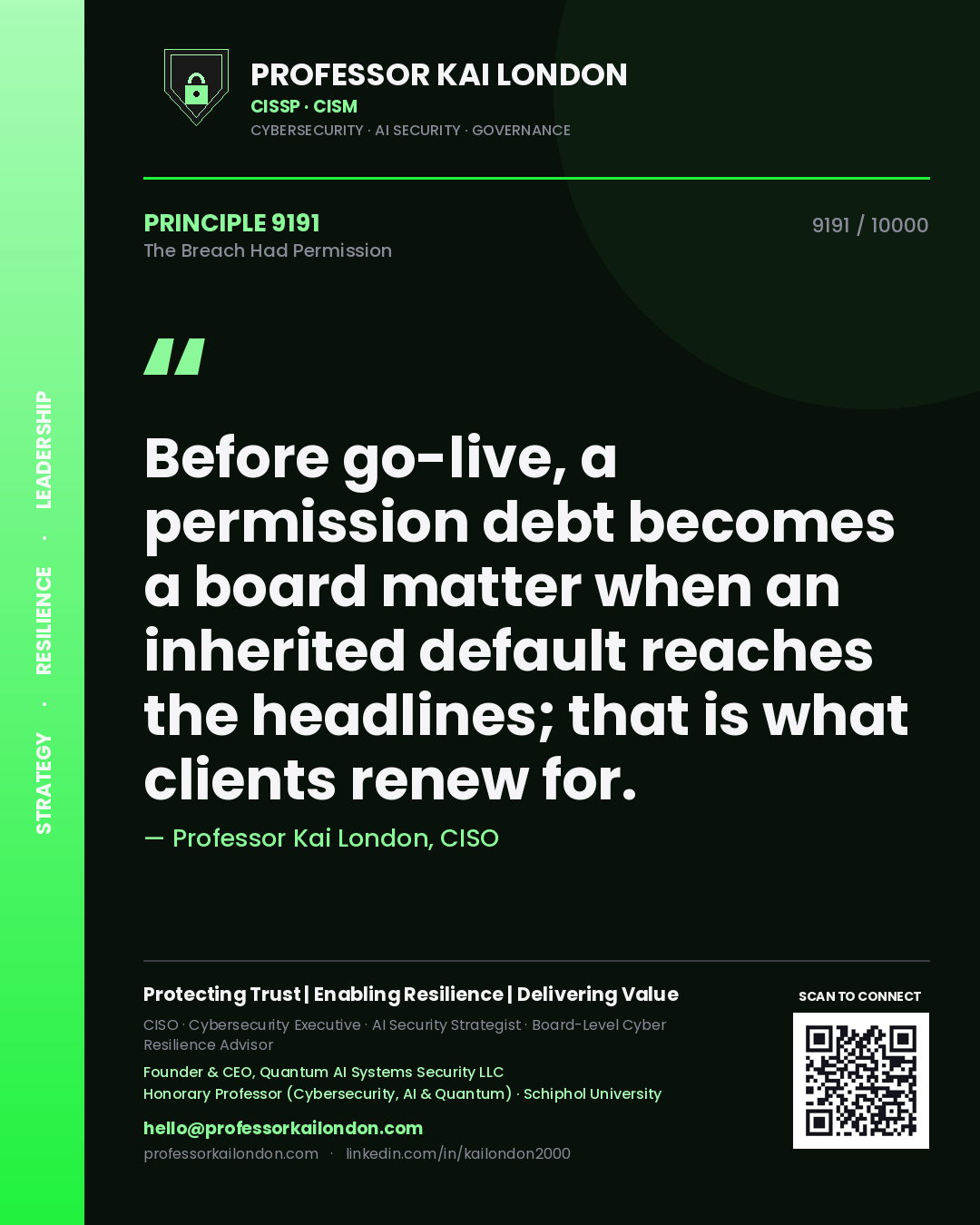 Professor Kai London principle 9191: Before go-live, a permission debt becomes a board matter when an inherited default reaches the headlines; that is what clients renew for.