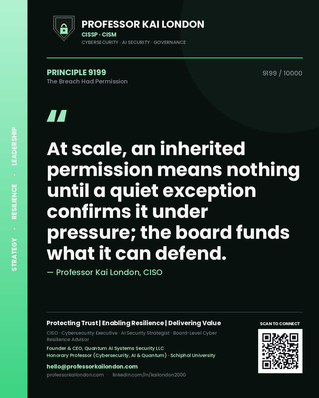 Professor Kai London principle 9199: At scale, an inherited permission means nothing until a quiet exception confirms it under pressure; the board funds what it can defend.