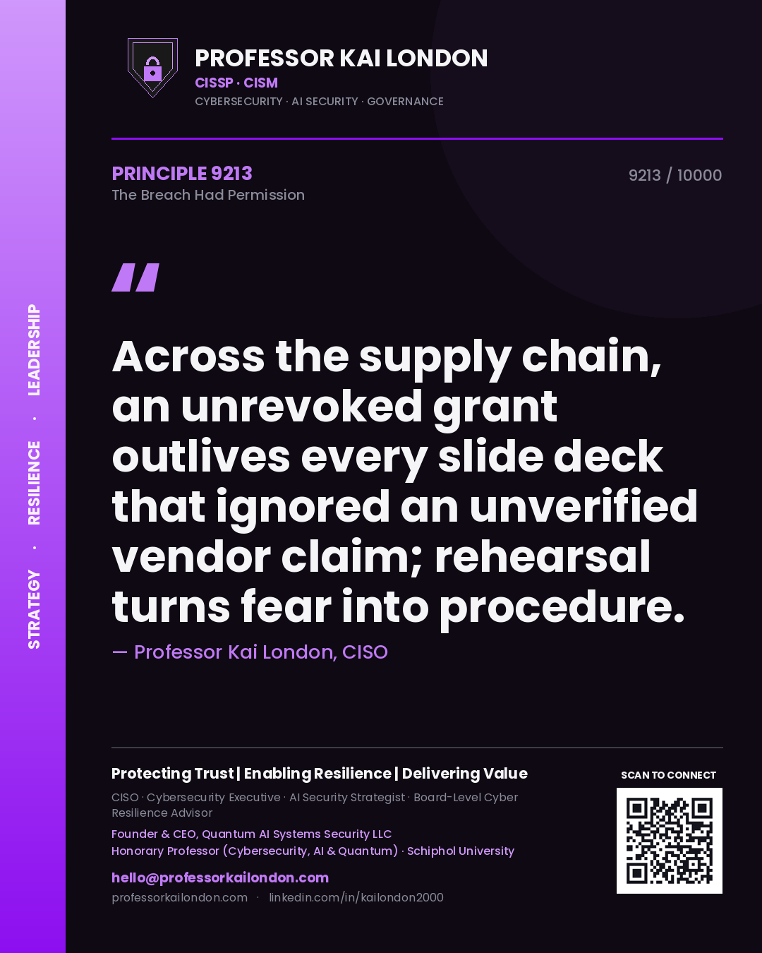 Quote card by Professor Kai London reading 'Across the supply chain, an unrevoked grant outlives every slide deck that ignored an unverified vendor claim; rehearsal turns fear into procedure.'. From the book The Breach Had Permission.