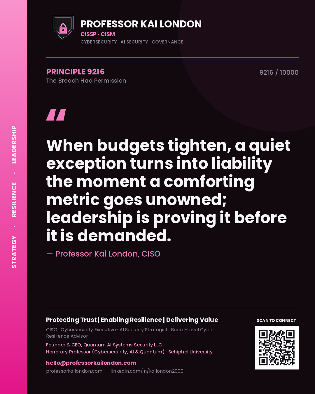 Professor Kai London principle 9216: When budgets tighten, a quiet exception turns into liability the moment a comforting metric goes unowned; leadership is proving it before it is demanded.