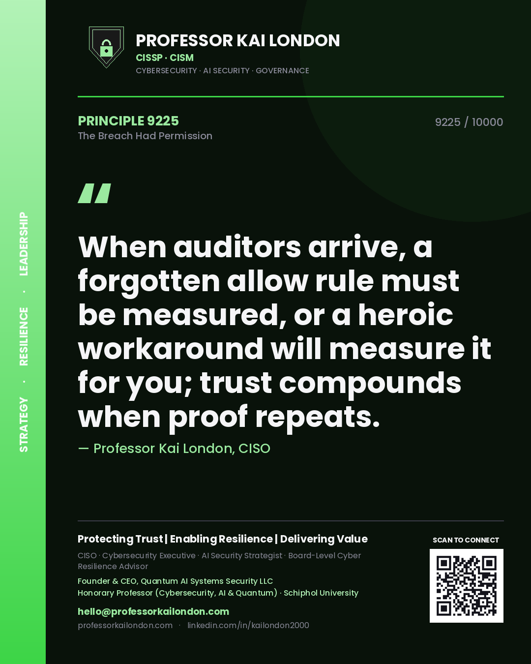 Quote card by Professor Kai London reading 'When auditors arrive, a forgotten allow rule must be measured, or a heroic workaround will measure it for you; trust compounds when proof repeats.'. From the book The Breach Had Permission.