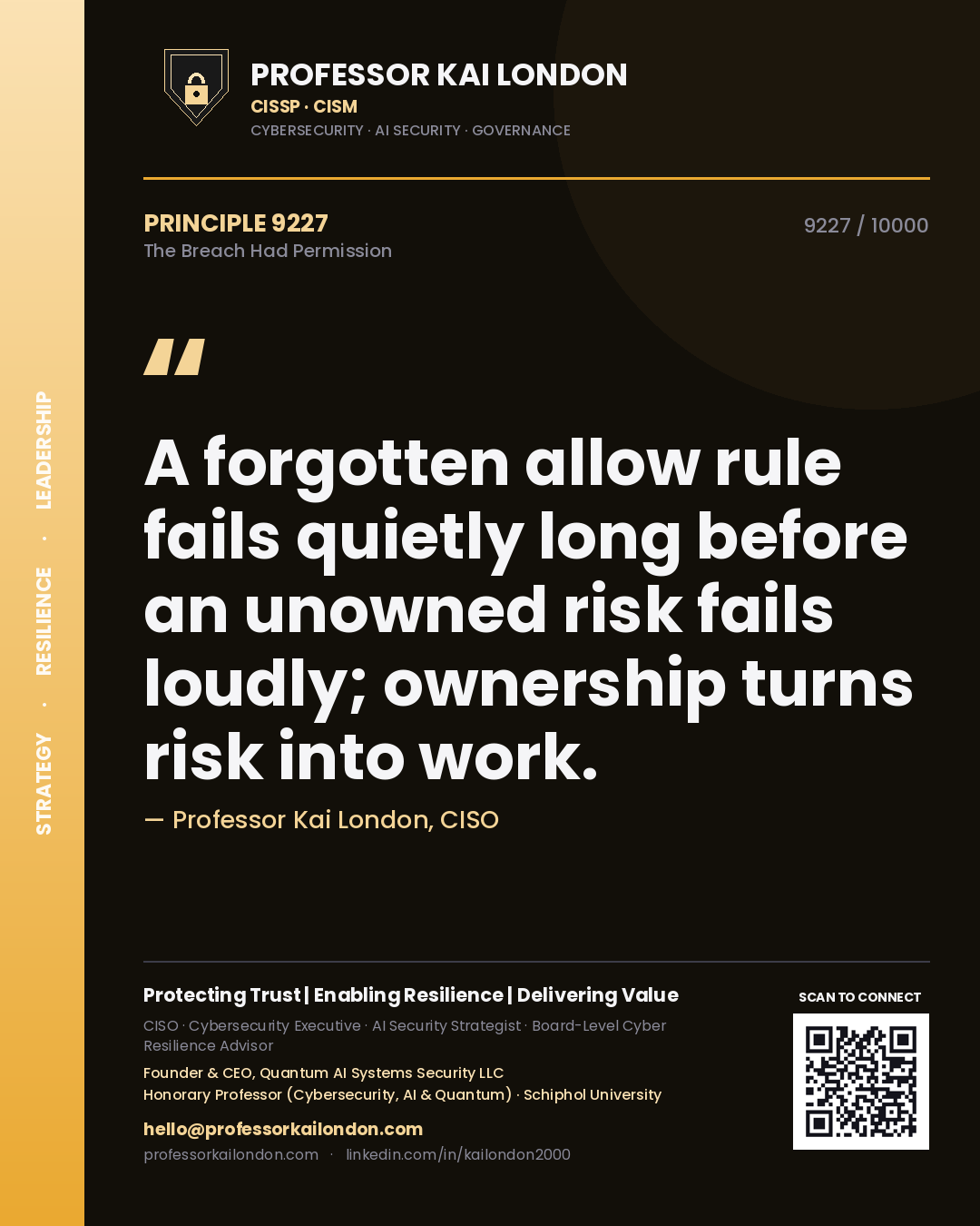 Quote card by Professor Kai London reading 'A forgotten allow rule fails quietly long before an unowned risk fails loudly; ownership turns risk into work.'. From the book The Breach Had Permission.