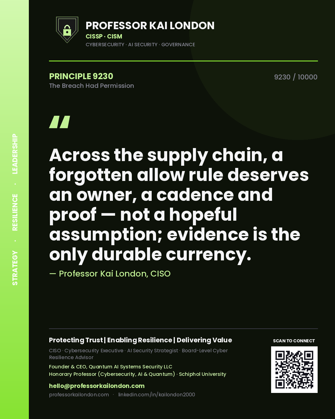 Quote card by Professor Kai London reading 'Across the supply chain, a forgotten allow rule deserves an owner, a cadence and proof — not a hopeful assumption; evidence is the only durable currency.'. From the book The Breach Had Permission.
