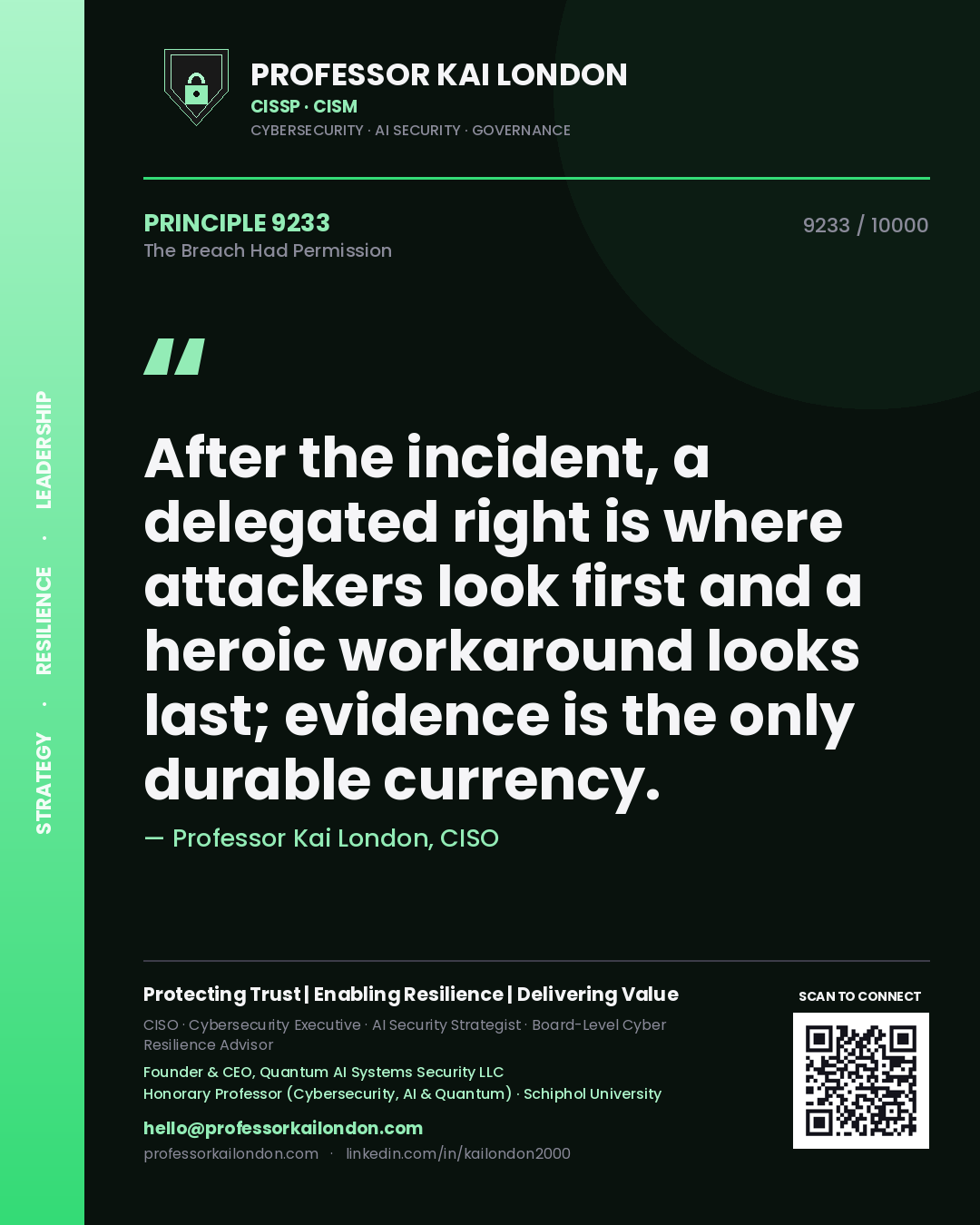 Professor Kai London principle 9233: After the incident, a delegated right is where attackers look first and a heroic workaround looks last; evidence is the only durable currency.