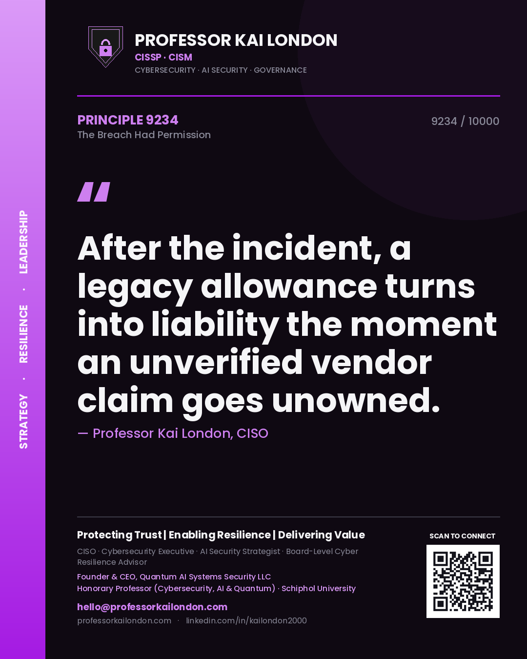 Professor Kai London principle 9234: After the incident, a legacy allowance turns into liability the moment an unverified vendor claim goes unowned.