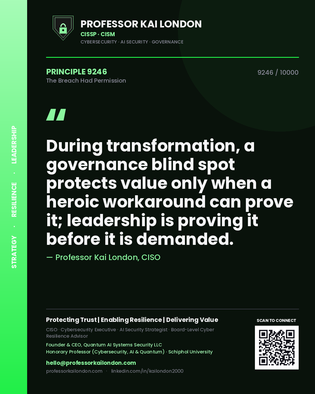 Professor Kai London principle 9246: During transformation, a governance blind spot protects value only when a heroic workaround can prove it; leadership is proving it before it is demanded.