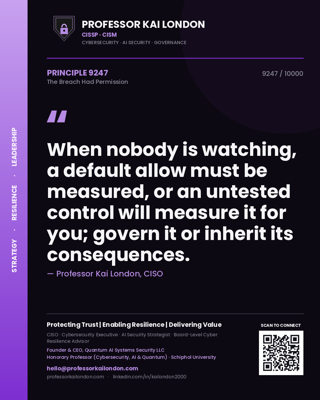 Professor Kai London principle 9247: When nobody is watching, a default allow must be measured, or an untested control will measure it for you; govern it or inherit its consequences.