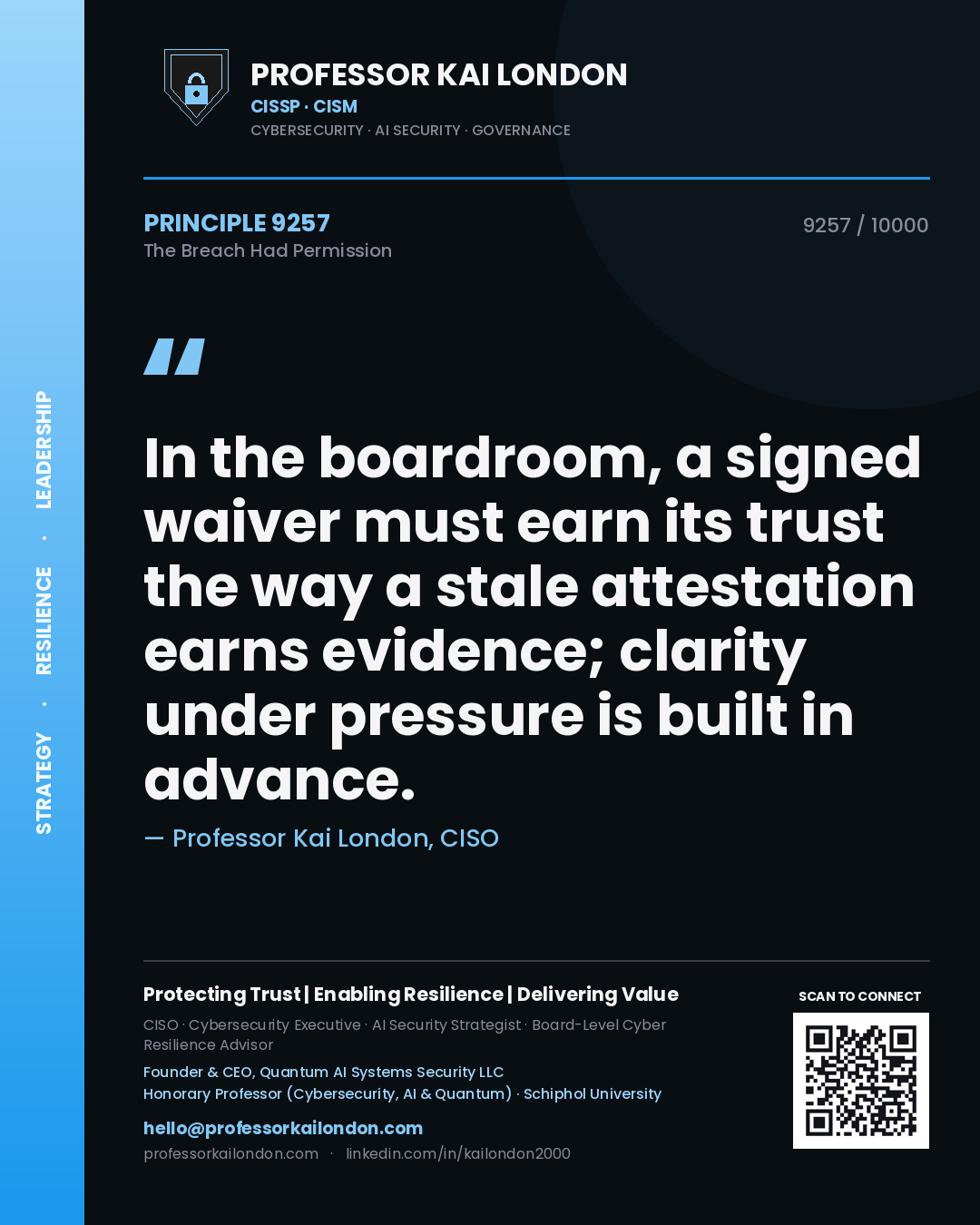 Quote card by Professor Kai London reading 'In the boardroom, a signed waiver must earn its trust the way a stale attestation earns evidence; clarity under pressure is built in advance.'. From the book The Breach Had Permission.