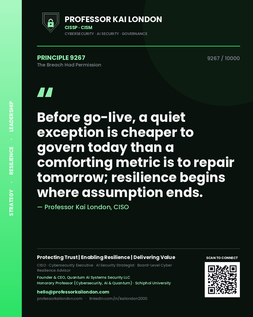 Quote card by Professor Kai London reading 'Before go-live, a quiet exception is cheaper to govern today than a comforting metric is to repair tomorrow; resilience begins where assumption ends.'. From the book The Breach Had Permission.