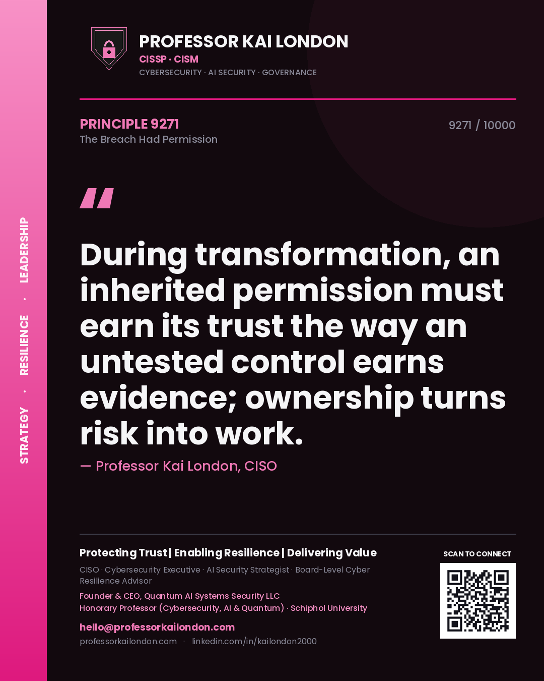 Quote card by Professor Kai London reading 'During transformation, an inherited permission must earn its trust the way an untested control earns evidence; ownership turns risk into work.'. From the book The Breach Had Permission.