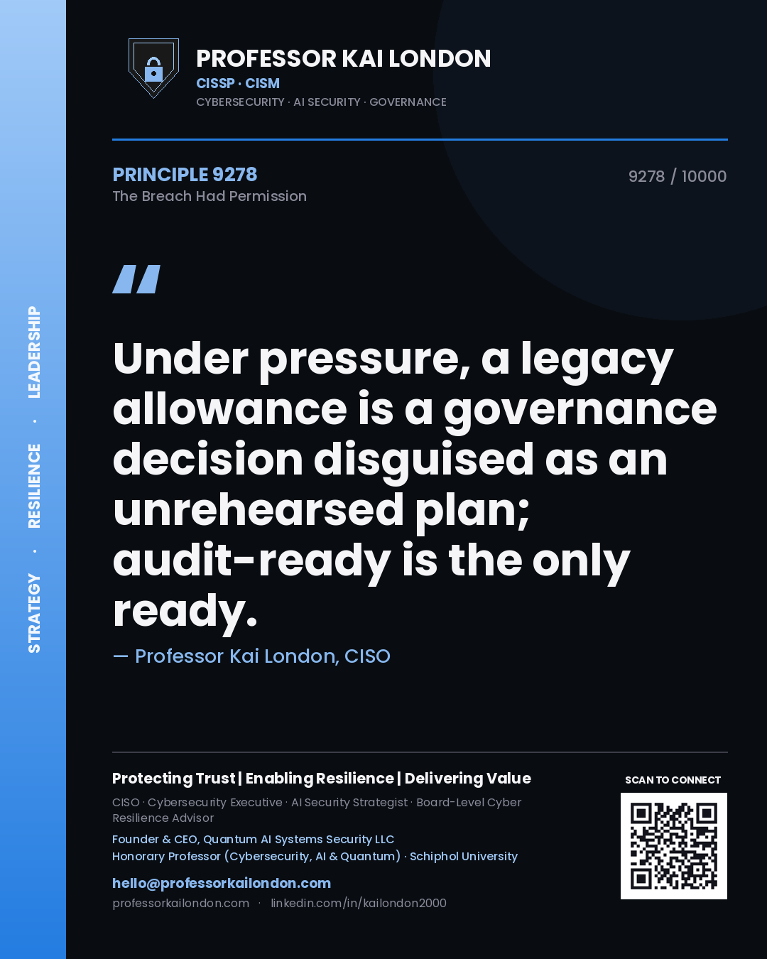 Quote card by Professor Kai London reading 'Under pressure, a legacy allowance is a governance decision disguised as an unrehearsed plan; audit-ready is the only ready.'. From the book The Breach Had Permission.
