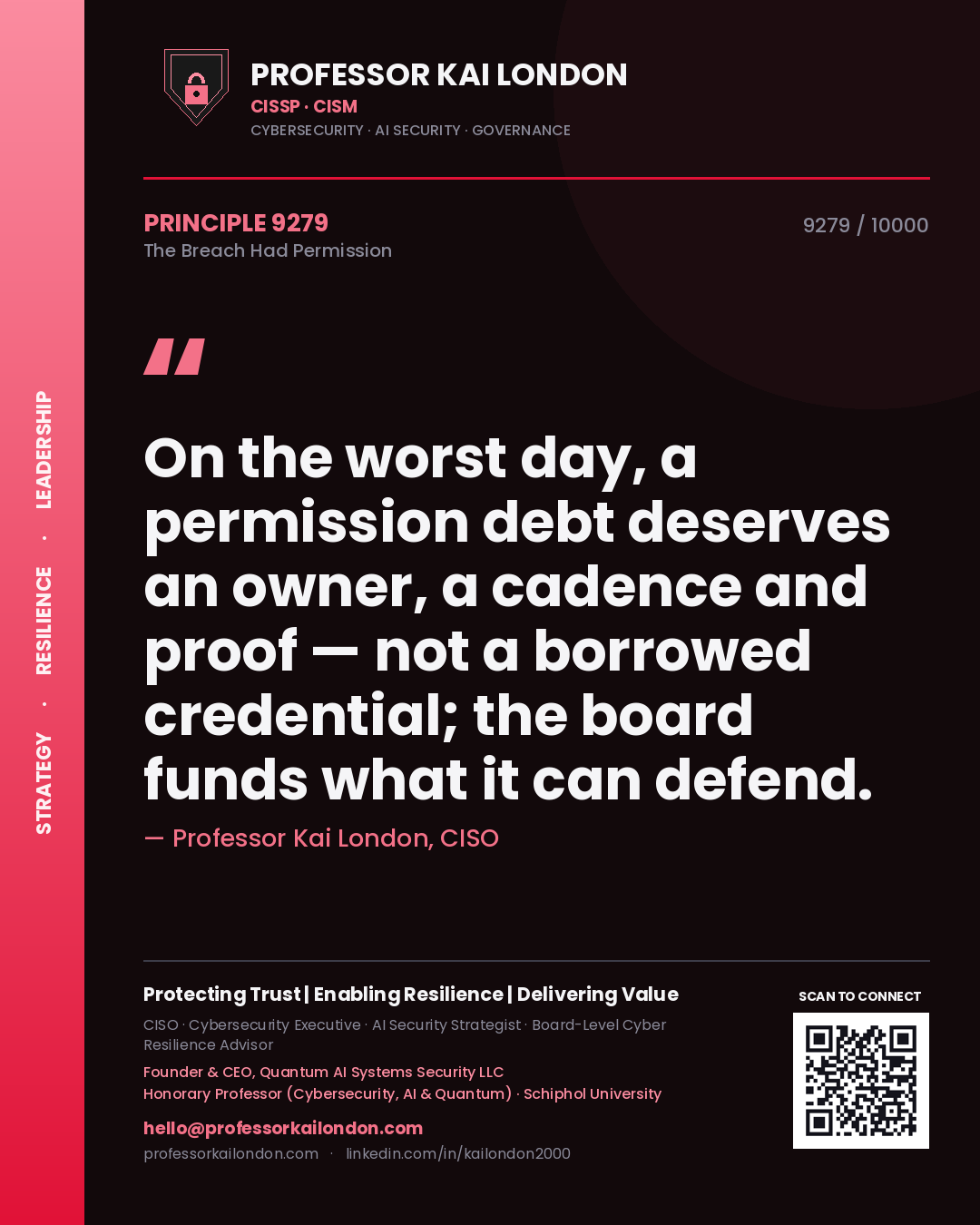 Professor Kai London principle 9279: On the worst day, a permission debt deserves an owner, a cadence and proof — not a borrowed credential; the board funds what it can defend.