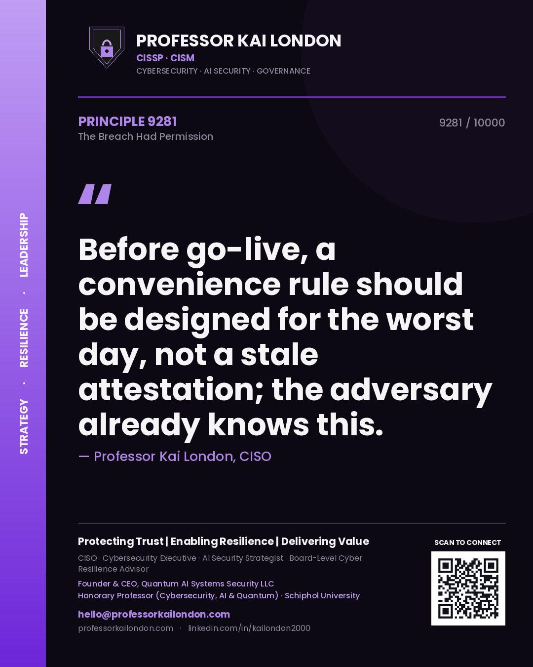 Quote card by Professor Kai London reading 'Before go-live, a convenience rule should be designed for the worst day, not a stale attestation; the adversary already knows this.'. From the book The Breach Had Permission.