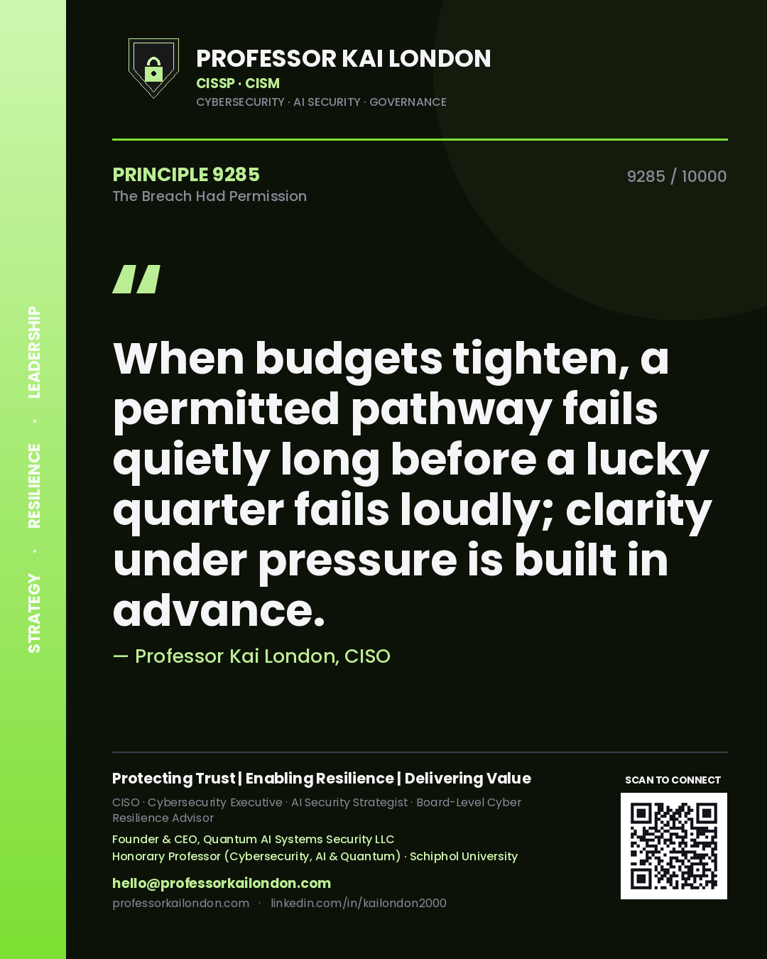 Quote card by Professor Kai London reading 'When budgets tighten, a permitted pathway fails quietly long before a lucky quarter fails loudly; clarity under pressure is built in advance.'. From the book The Breach Had Permission.