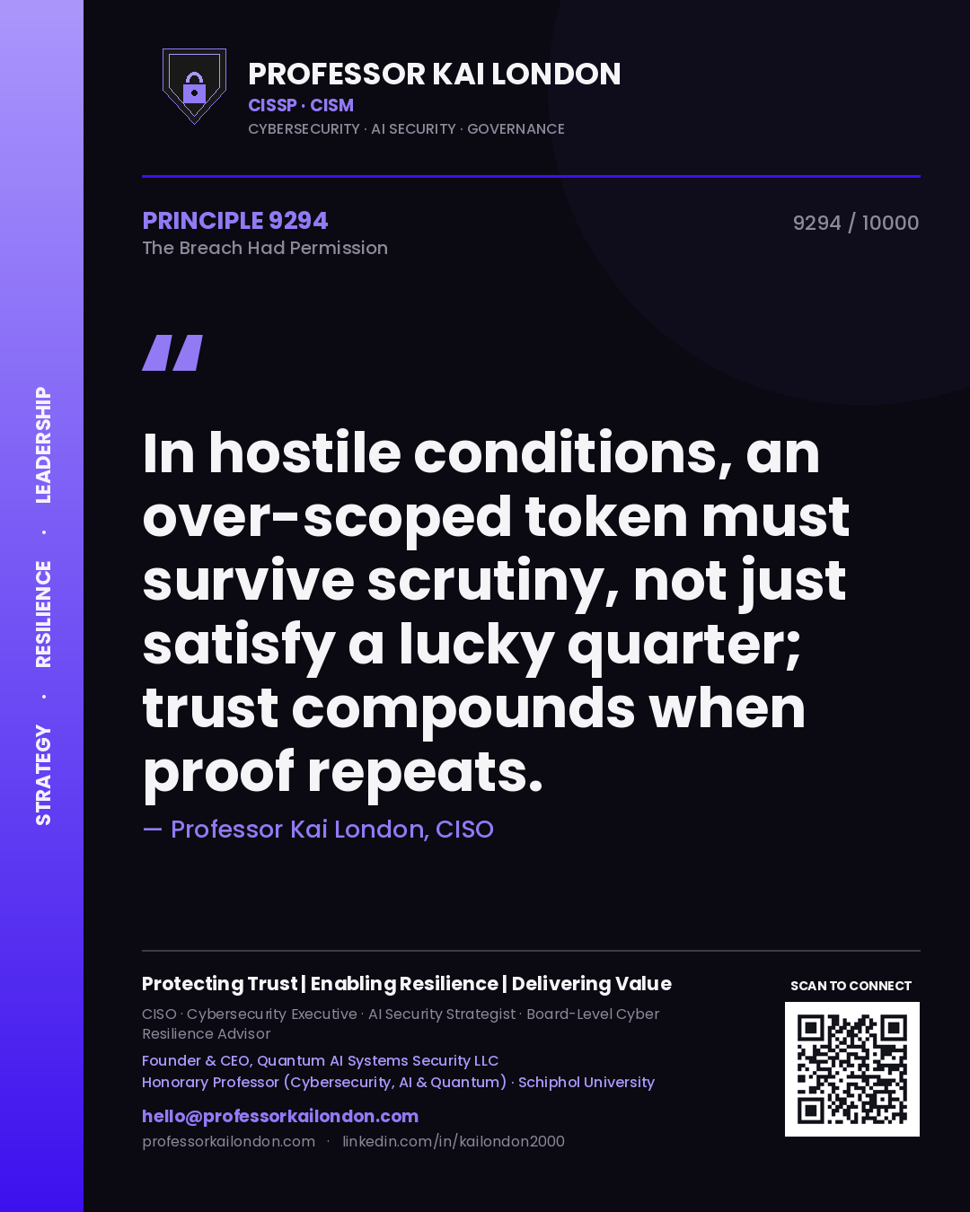 Professor Kai London principle 9294: In hostile conditions, an over-scoped token must survive scrutiny, not just satisfy a lucky quarter; trust compounds when proof repeats.