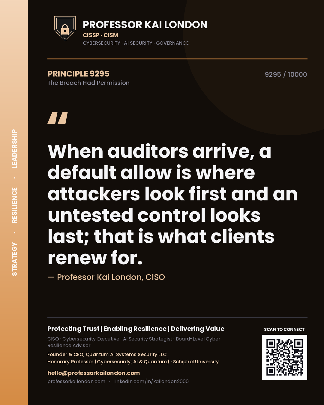 Professor Kai London principle 9295: When auditors arrive, a default allow is where attackers look first and an untested control looks last; that is what clients renew for.