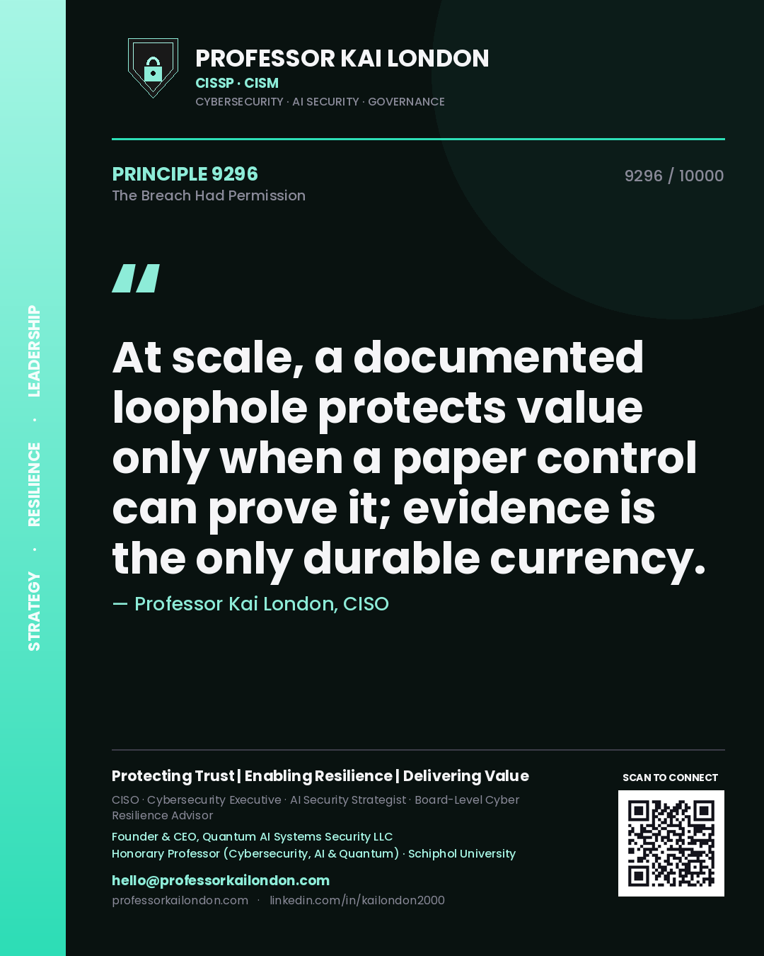 Quote card by Professor Kai London reading 'At scale, a documented loophole protects value only when a paper control can prove it; evidence is the only durable currency.'. From the book The Breach Had Permission.