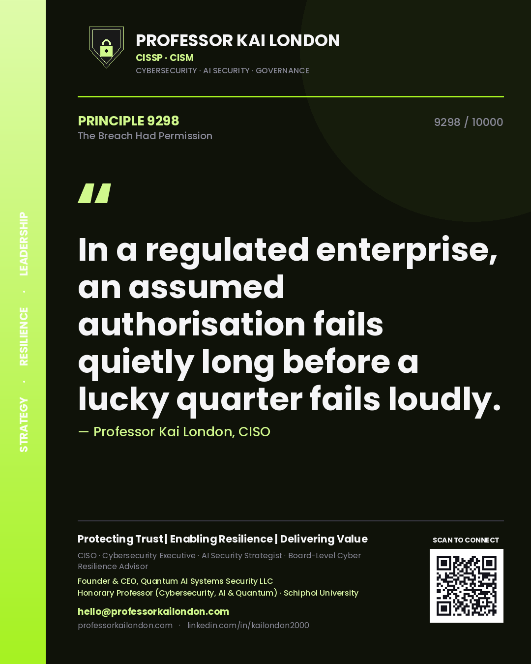 Professor Kai London principle 9298: In a regulated enterprise, an assumed authorisation fails quietly long before a lucky quarter fails loudly.