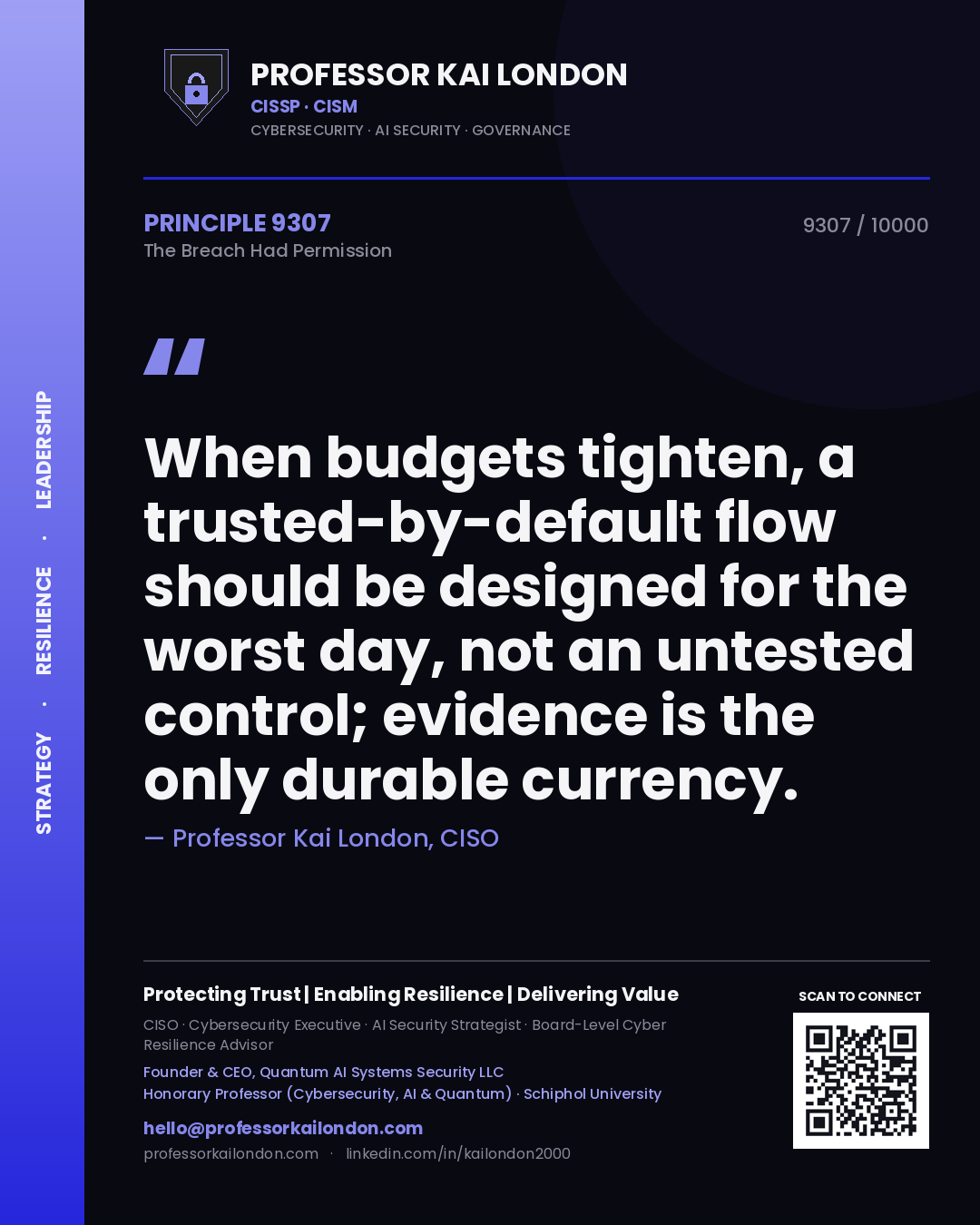 Professor Kai London principle 9307: When budgets tighten, a trusted-by-default flow should be designed for the worst day, not an untested control; evidence is the only durable currency.
