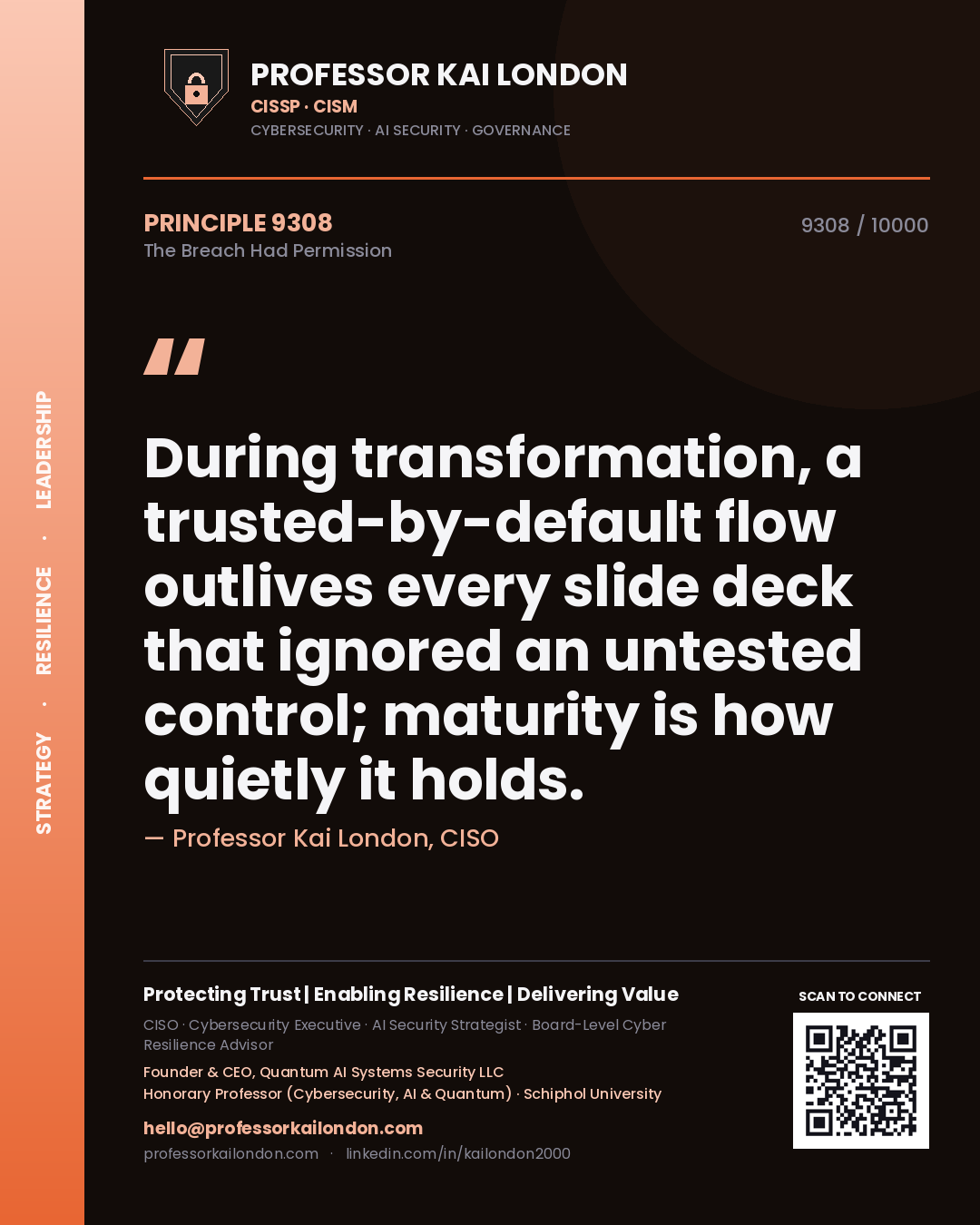 Professor Kai London principle 9308: During transformation, a trusted-by-default flow outlives every slide deck that ignored an untested control; maturity is how quietly it holds.