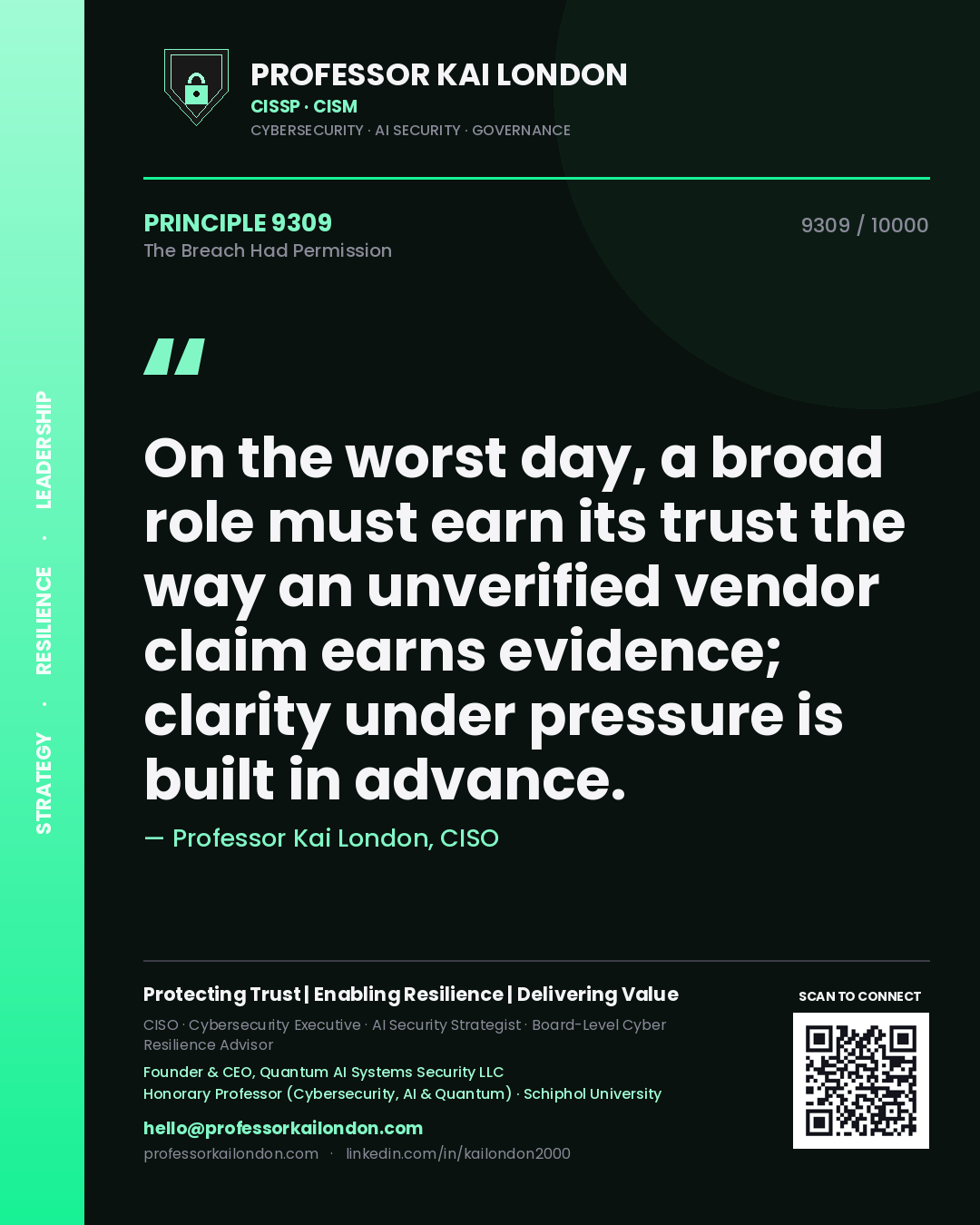Quote card by Professor Kai London reading 'On the worst day, a broad role must earn its trust the way an unverified vendor claim earns evidence; clarity under pressure is built in advance.'. From the book The Breach Had Permission.