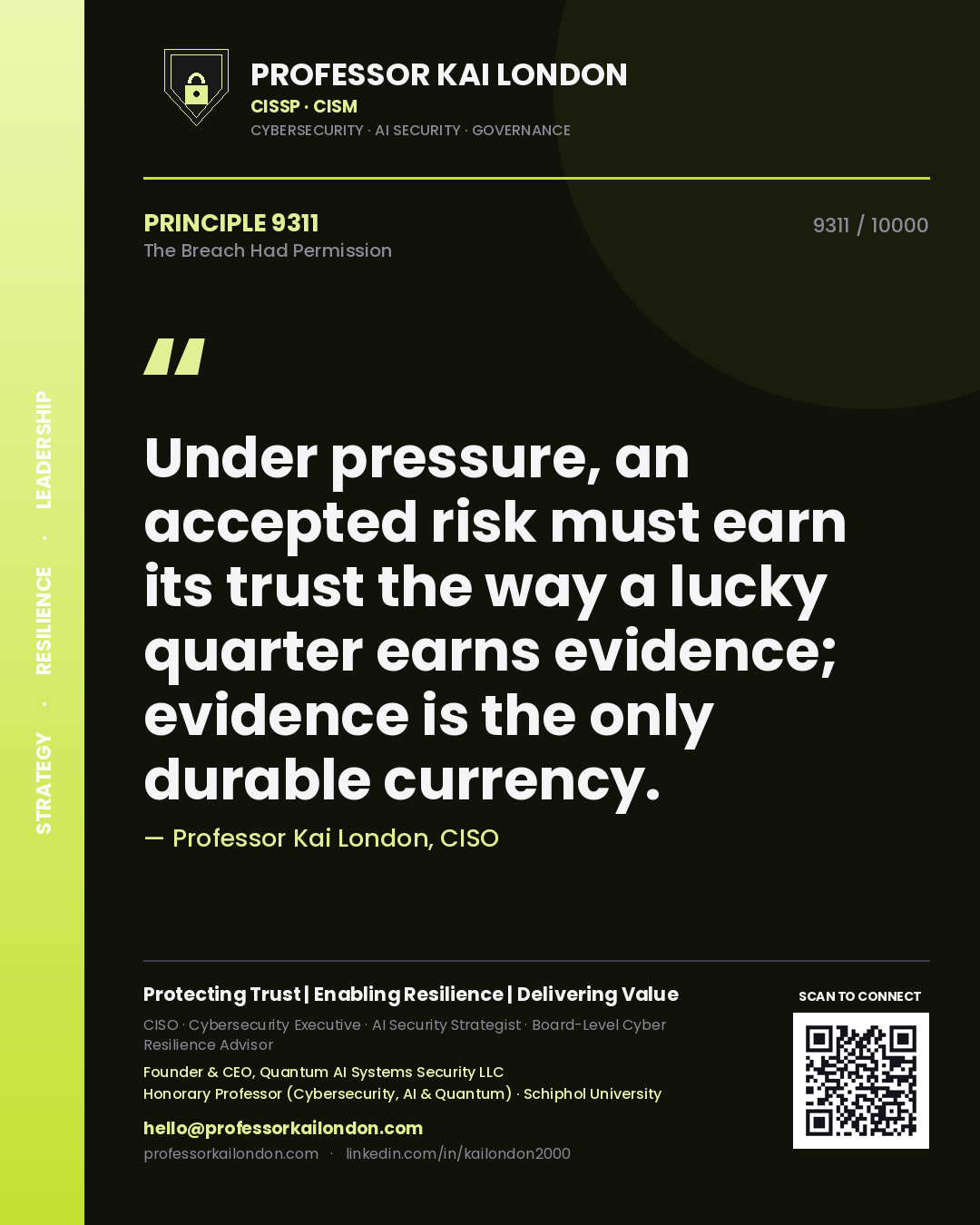 Quote card by Professor Kai London reading 'Under pressure, an accepted risk must earn its trust the way a lucky quarter earns evidence; evidence is the only durable currency.'. From the book The Breach Had Permission.