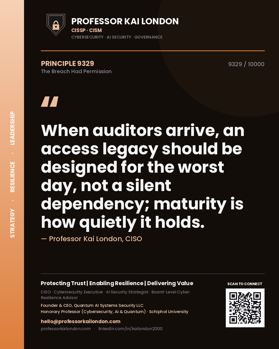 Professor Kai London principle 9329: When auditors arrive, an access legacy should be designed for the worst day, not a silent dependency; maturity is how quietly it holds.