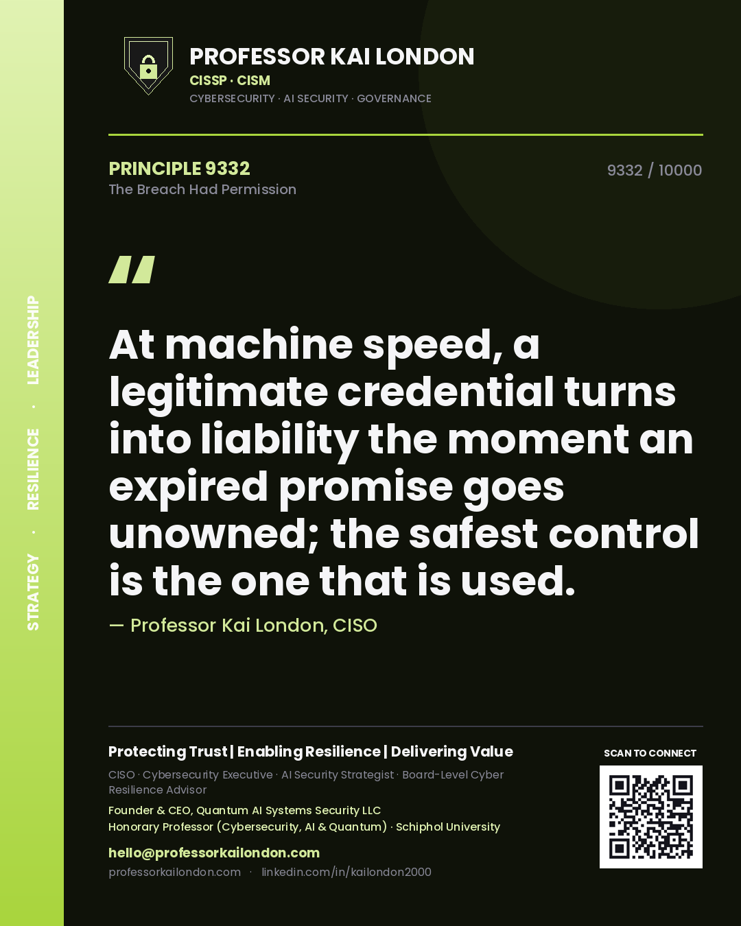 Quote card by Professor Kai London reading 'At machine speed, a legitimate credential turns into liability the moment an expired promise goes unowned; the safest control is the one that is used.'. From the book The Breach Had Permission.