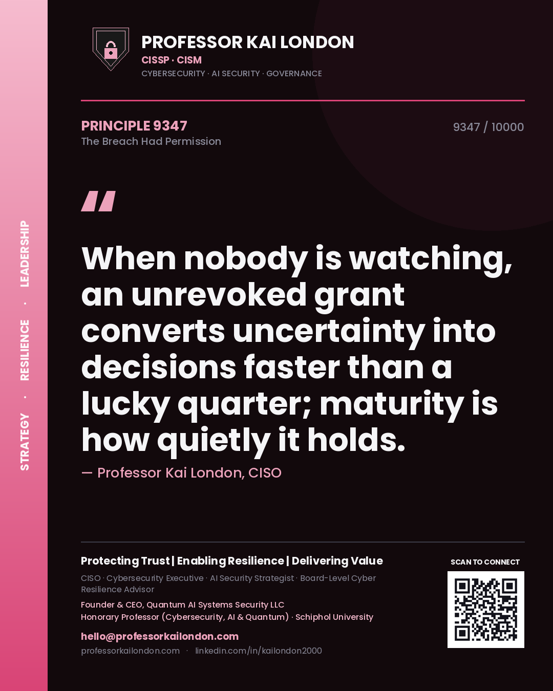 Quote card by Professor Kai London reading 'When nobody is watching, an unrevoked grant converts uncertainty into decisions faster than a lucky quarter; maturity is how quietly it holds.'. From the book The Breach Had Permission.