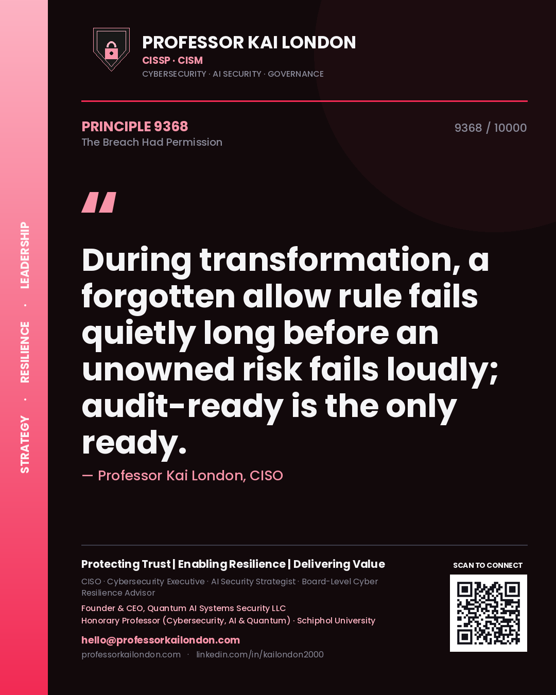 Professor Kai London principle 9368: During transformation, a forgotten allow rule fails quietly long before an unowned risk fails loudly; audit-ready is the only ready.
