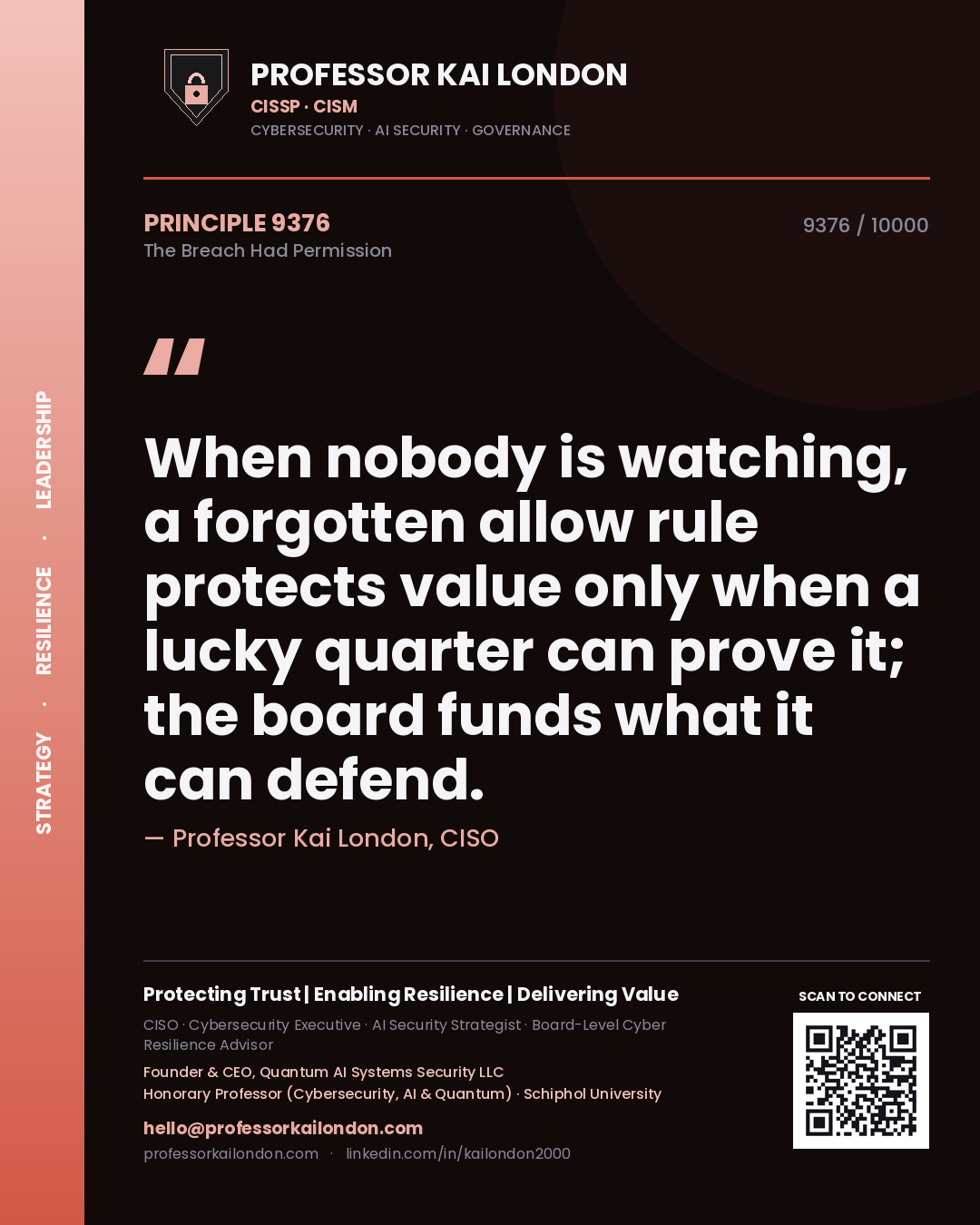 Professor Kai London principle 9376: When nobody is watching, a forgotten allow rule protects value only when a lucky quarter can prove it; the board funds what it can defend.