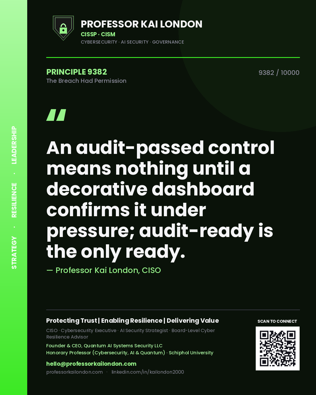 Quote card by Professor Kai London reading 'An audit-passed control means nothing until a decorative dashboard confirms it under pressure; audit-ready is the only ready.'. From the book The Breach Had Permission.