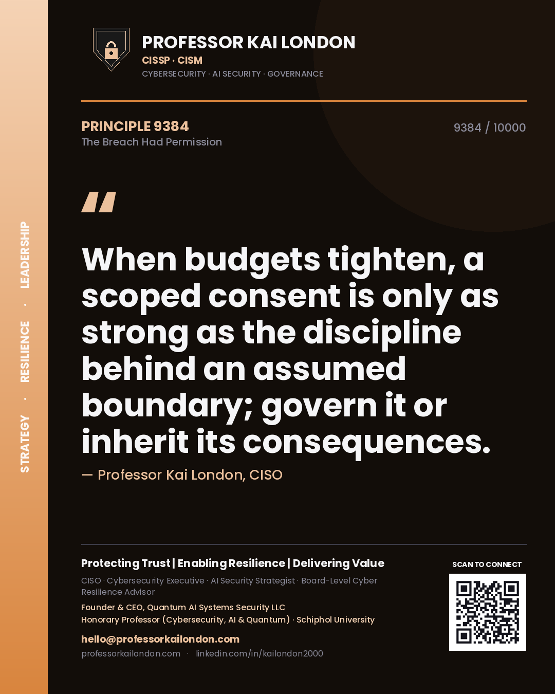 Quote card by Professor Kai London reading 'When budgets tighten, a scoped consent is only as strong as the discipline behind an assumed boundary; govern it or inherit its consequences.'. From the book The Breach Had Permission.