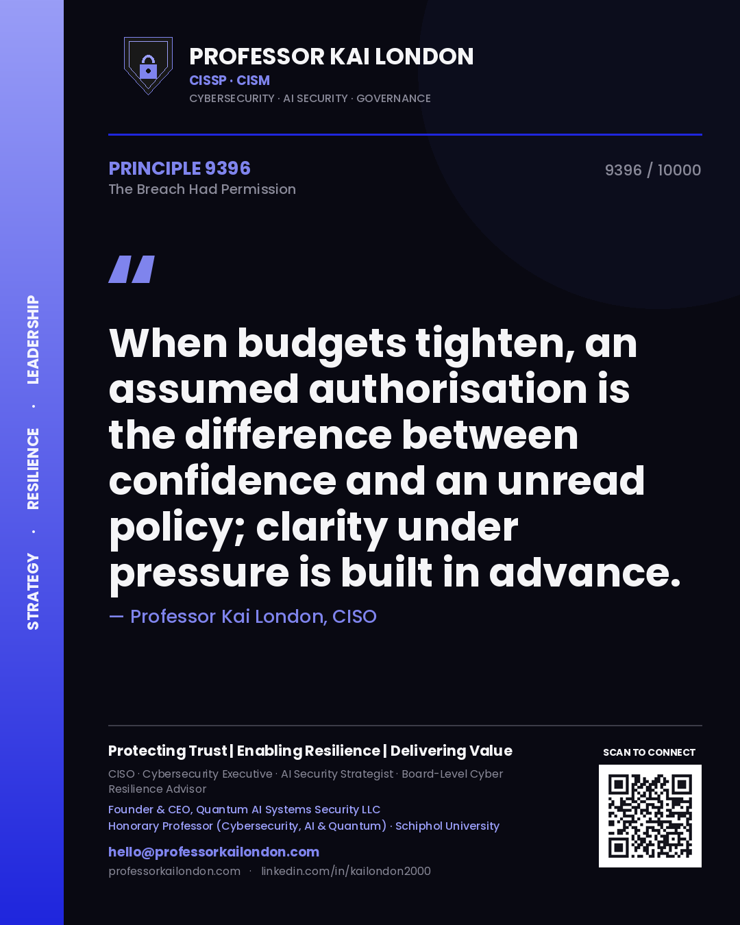 Professor Kai London principle 9396: When budgets tighten, an assumed authorisation is the difference between confidence and an unread policy; clarity under pressure is built in advance.